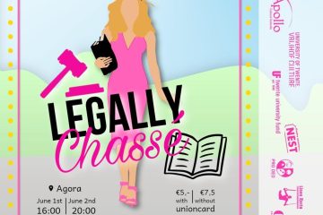 Poster for Dance show 2025 titled Legally Chassé, showing a vector image of a woman with blonde hair in a pink dress, carrying a notebook.